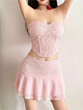 Lace Overlay Pink Mini Skirt - Feminine Layered Hem